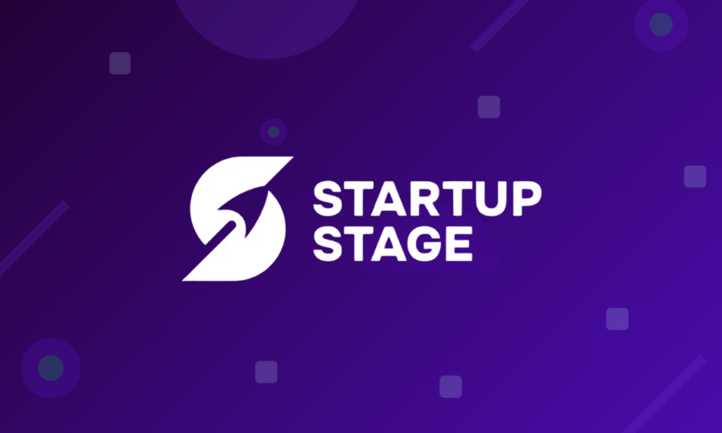 Startup Stage logo with bold white text on a purple gradient background and abstract shapes in the backdrop, conveying branding.