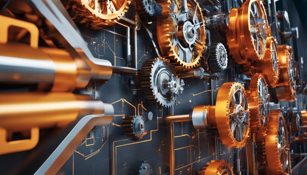 Close-up of interconnected metallic gears and machinery with a high-tech, industrial design
