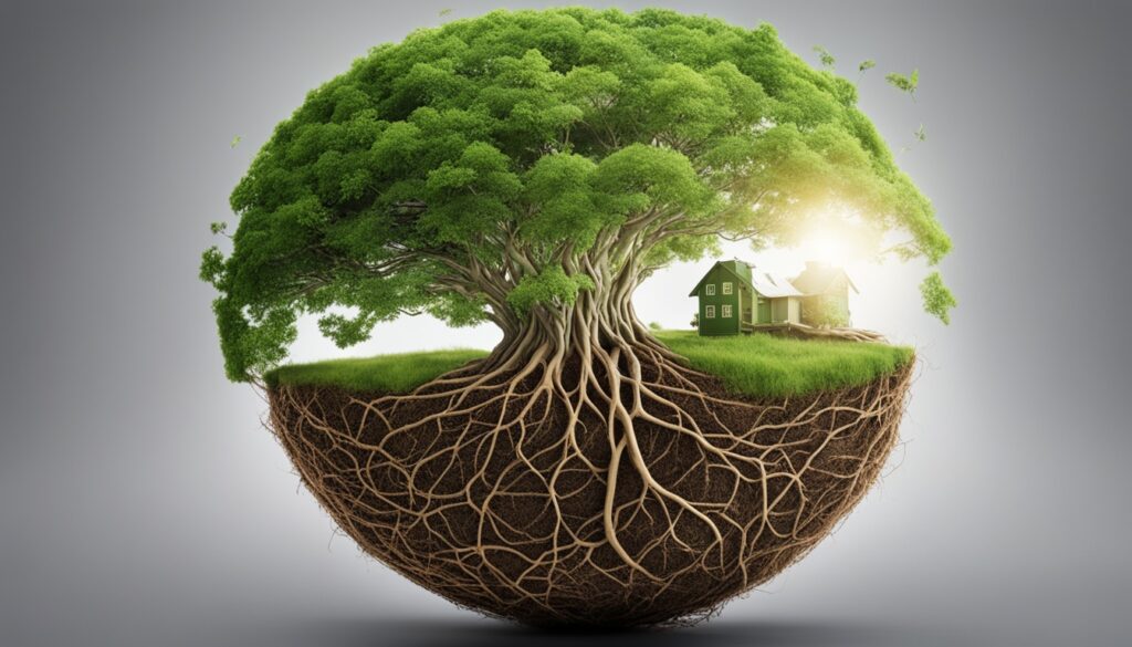 A floating half-sphere of earth with a large tree, visible roots, and a green house nestled under the tree’s canopy - Focal Point A floating half-sphere of earth with a large tree, visible roots, and a green house nestled under the tree’s canopy