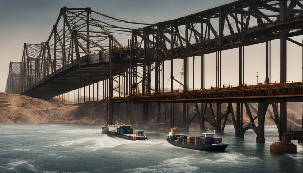 Cargo ships passing beneath a large industrial bridge under construction over a river
