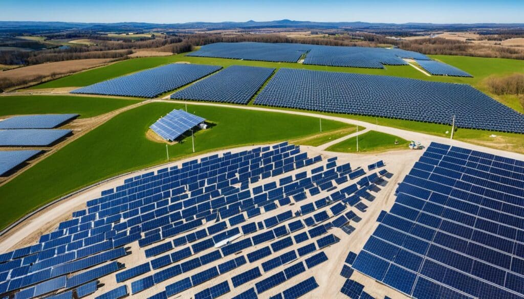 Aerial view of a large solar farm with rows of solar panels spread across green fields - Focal Point Aerial view of a large solar farm with rows of solar panels spread across green fields