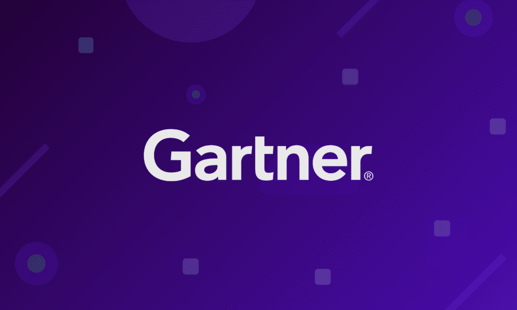 Gartner logo centered on a dark purple gradient background with abstract shapes