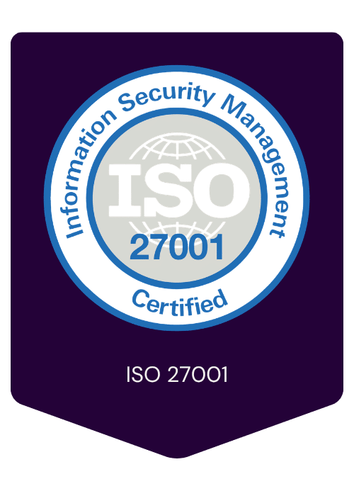 Purple badge with ISO 27001 Information Security Management Certified seal on it.