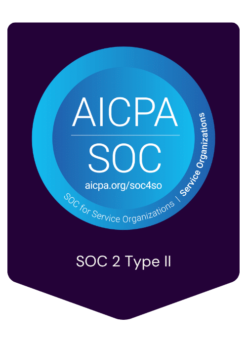Blue AICPA SOC badge on a dark purple shield, reads 'SOC 2 Type II' with AICPA SOC logo and aicpa.org/soc4so.
