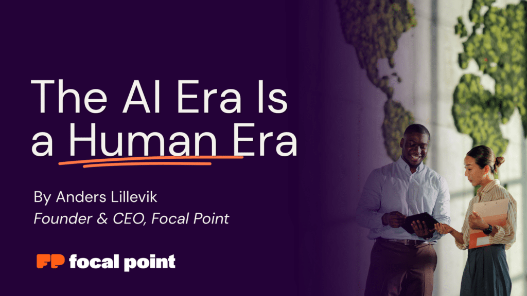Hero banner with bold title 'The AI Era Is a Human Era' on a dark purple background; two professionals discuss a document on the right side.