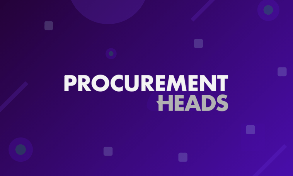 Brand banner reading PROCUREMENT HEADS on a purple gradient background with geometric shapes