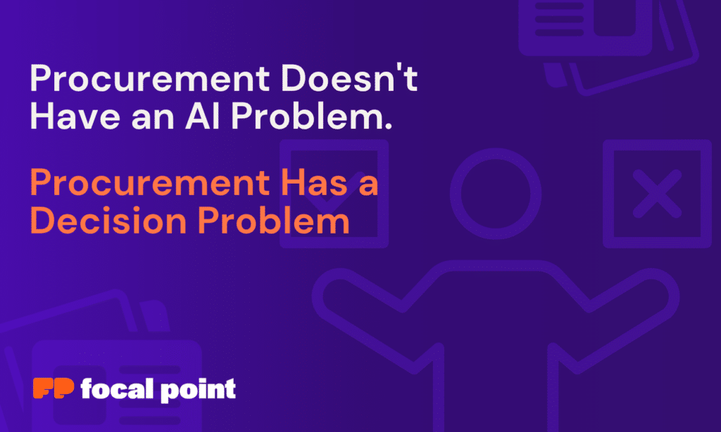 Hero banner with two bold statements: 'Procurement Doesn’t Have an AI Problem' in white and 'Procurement Has a Decision Problem' in orange, plus lower-left branding 'focal point' on a purple background.