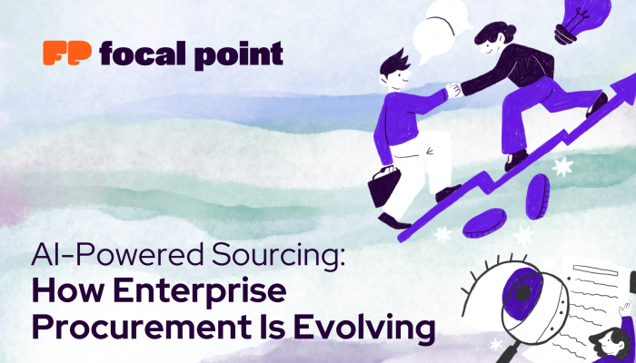 Focal Point logo with two illustrated figures climbing a purple arrow, symbolizing growth and collaboration in AI-powered sourcing.