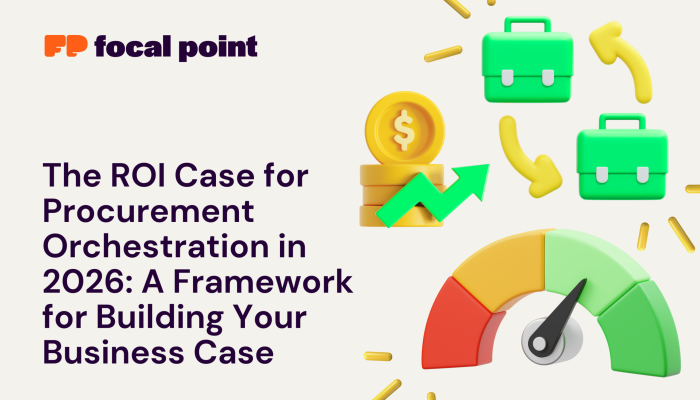 Focal Point logo with a 3D procurement illustration: green briefcases, coins, an upward arrow, and a gauge to represent ROI.