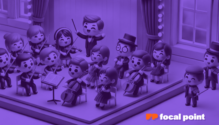 cartoon image of orchestra representing orchestration