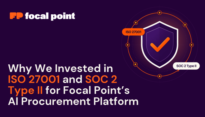 Focal Point logo on left with shield and orange checkmark graphic on the right against a purple background; page title about ISO 27001 and SOC 2 Type II.
