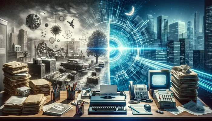 A conceptual image representing digital transformation in procurement reformatted as a landscape On the left side an old fashioned office setting