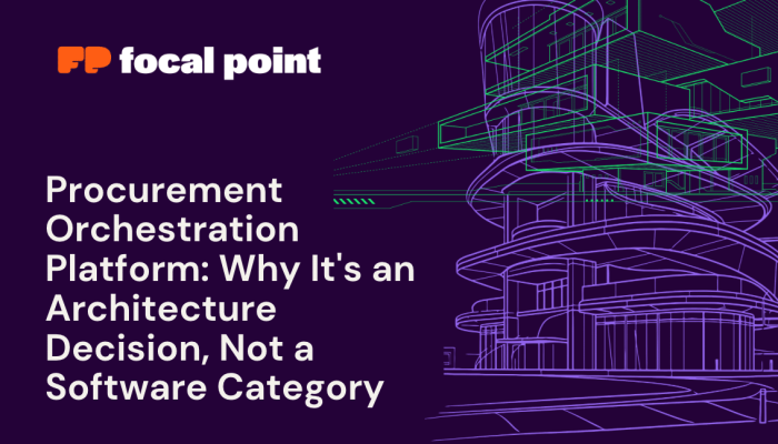 Hero banner showing the Focal Point logo on the left and a purple architectural line drawing on the right, with the headline about procurement orchestration as an architecture decision.