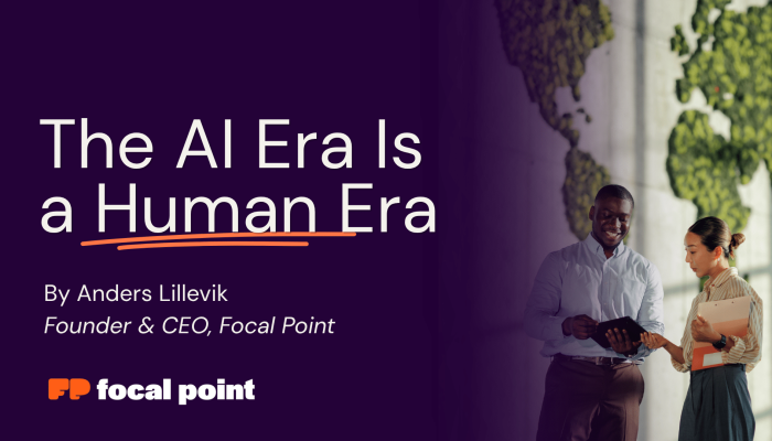 Hero banner with bold title 'The AI Era Is a Human Era' on a dark purple background; two professionals discuss a document on the right side.