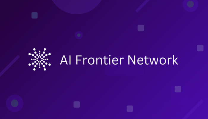 Brand hero: white network emblem beside the text 'AI Frontier Network' on a purple gradient background.