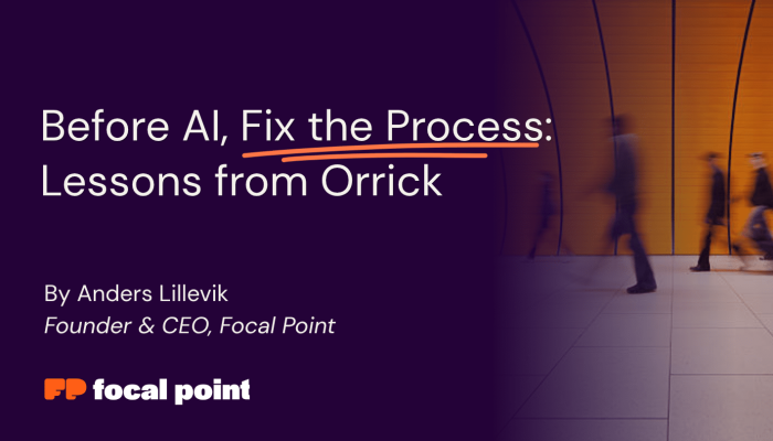 Cover slide: dark purple left panel with the title 'Before AI, Fix the Process: Lessons from Orrick' and an orange underline, plus a blurred orange hallway with people on the right.