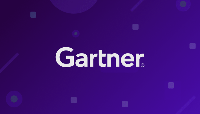 Gartner logo centered on a dark purple gradient background with abstract shapes