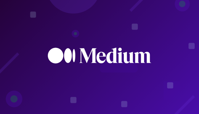 Medium logo centered on a dark purple gradient background with abstract shapes to the sides.