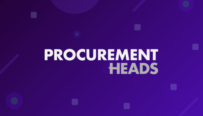Brand banner reading PROCUREMENT HEADS on a purple gradient background with geometric shapes